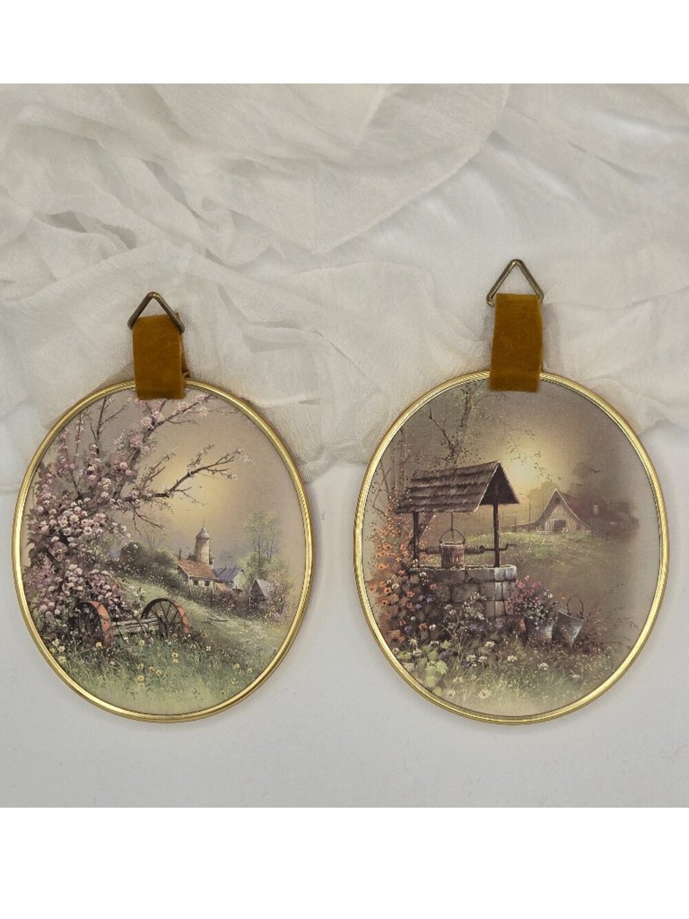 Ecstasy Giftware Miniature Oval Prints, Set of 2, Faux Brass Framed Art 1970s